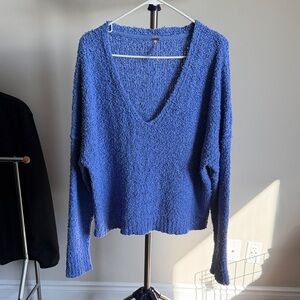 Free People Textured Blue V-Neck Sweater